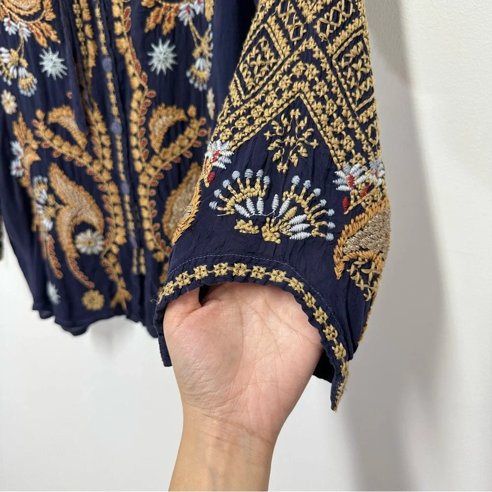 Johnny Was Minerva Blue Gravel Embroidered Blouse in Navy Blue and Gold